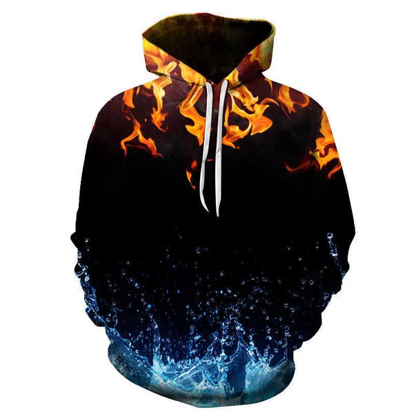 

fashion trend youth hoodie water fire digital printing 3d sweater men, Black