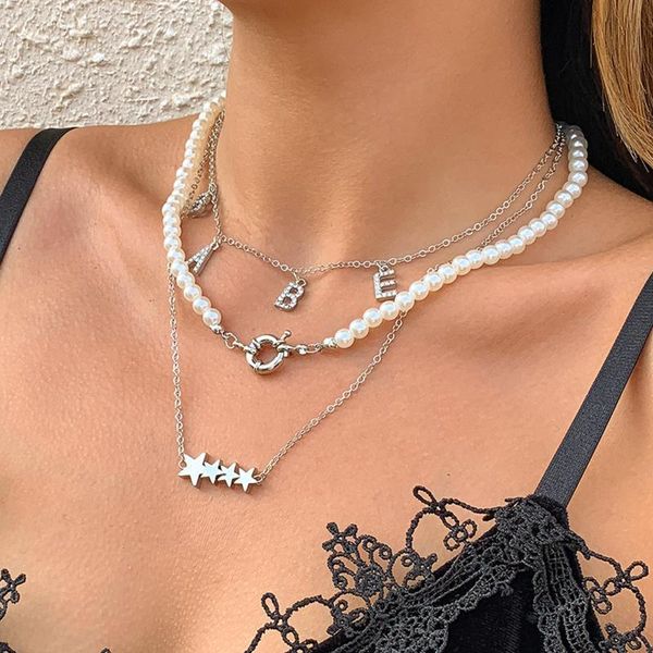 

chains wholesale fashion trendy jewelry personality diamond letters necklace multi layer pearl for women, Silver