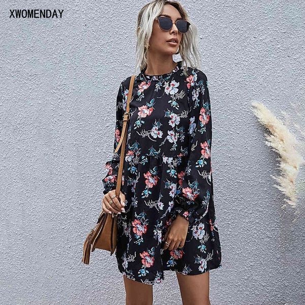 

autumn spring dress casual ladies floral flower print black long sleeve loose fit dresses fall clothes for women fashion 210322, Black;gray