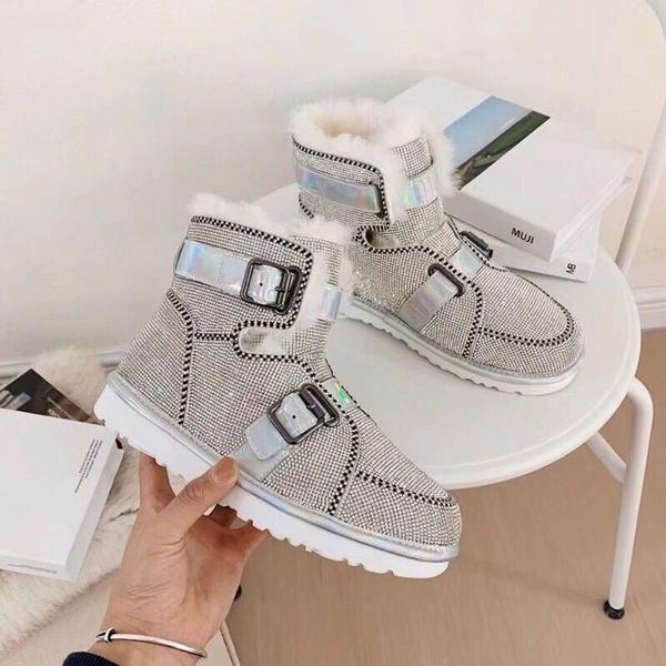 

boots crystal snow women plus wool shearling double buckle strap diamond woman fashion designer shoes, Black
