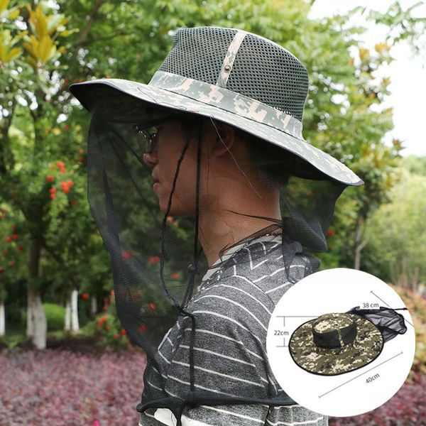 

wide brim hats camouflage fishing hat keeping insects mosquito bee cap men's visor mesh camping sunshade lone neck head cover, Blue;gray