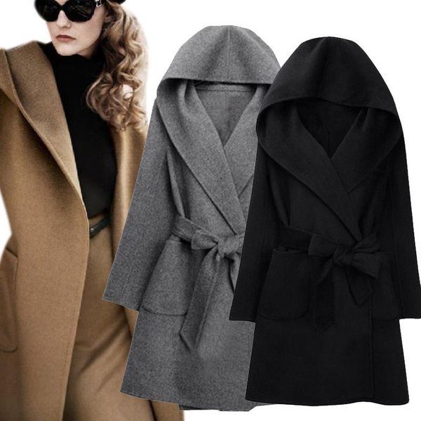 

women's wool & blends nice winter women coat long sleeve two sides wear belted loose warm woolen jacket hooded outerwear female, Black