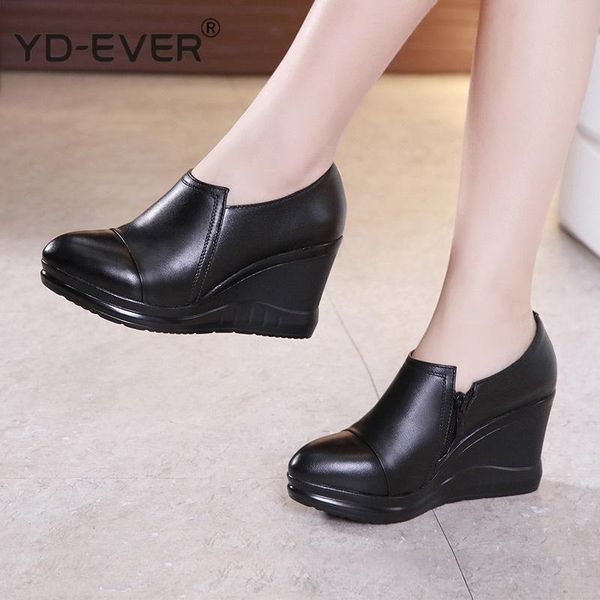 

dress shoes 2021 spring genuine leather women pumps platform wedges pointed toes deep-mouth black high heels