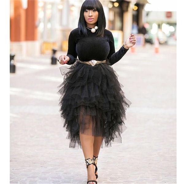 

chic asymmetry ruffles tulle skirts for lady black ruched tiered high low tea length tulle skirt women elastic tutu saias 210319