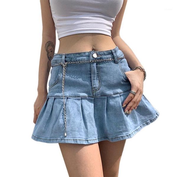 

skirts women high waist pleated ruffles mini denim skater skirt harajuku solid color lolita summer slim swing streetwear, Black
