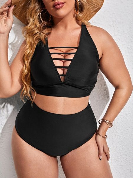 

plus ladder cut-out bikini swimsuit v058#, Black;gray