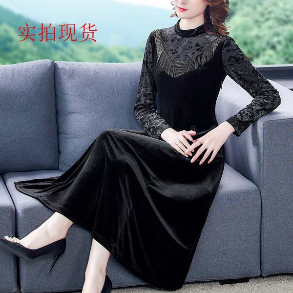 

black gold velvet 5xl plus size tassel dress 2021 spring autumn casual vintage maxi dresses elegant women bodycon party vestidos, Black;gray