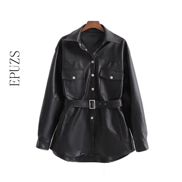 Winter schwarze Lederjacke Frauen Schärpen PU Biker Motorrad Faux Mantel Übergröße weibliche Pelz s Herbst 210521