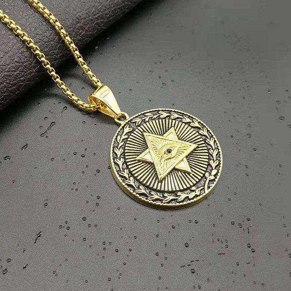 

pendant necklaces gold 316l stainless steel jewelry hip hop the eye of horus six-star necklace with 3mm 24inch rope chain, Silver