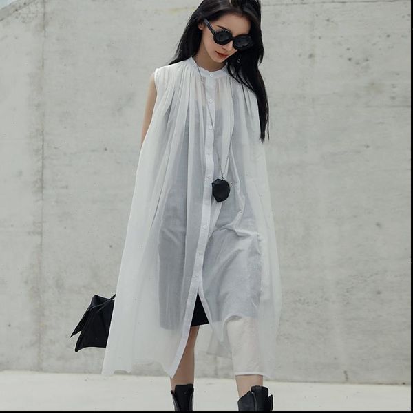 

[eam] womens dress spring summer stand collar sleeveless black perspective loose thin big size women fashion tide ju444, Black;gray