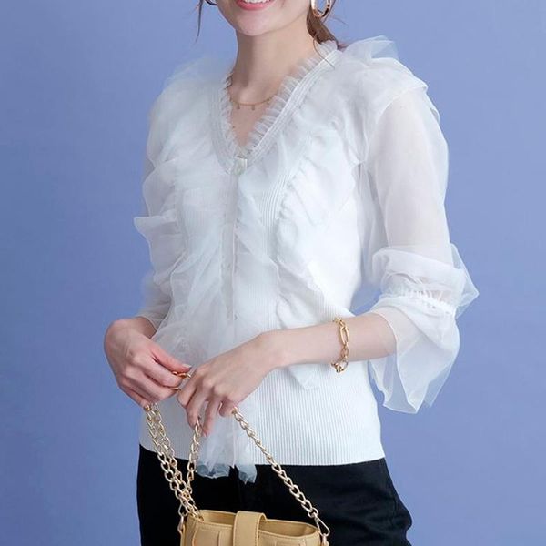 

women's knits & tees v-neck elegant long sleeve chic deisgned patchwork mesh knitted cardigan women fall solid slim ropa mujer 2, White