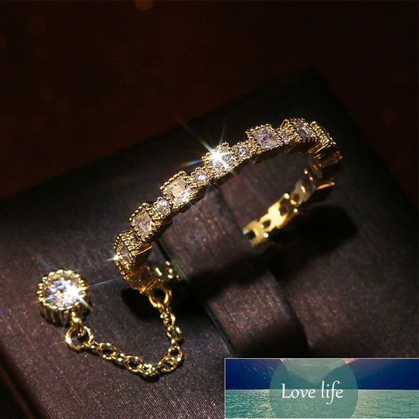 

huitan new trendy micro paved square zircon women ring with chain decorative ring female party daily fancy jewelry gold color, Silver