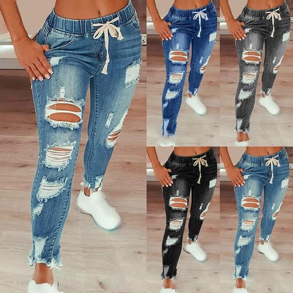 

women's broken holes denim jeans drawstring ripped pencil pants plus size full length vaqueros #t1g, Blue