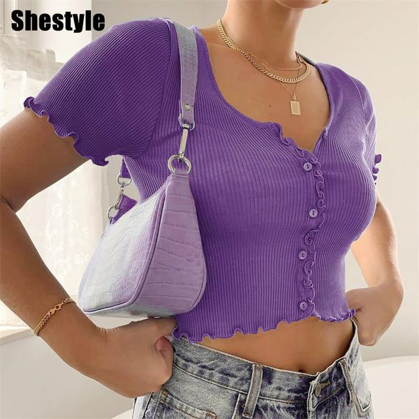 

shestyle rib-knit 2021 summer t shirt women button up purple ruffles short sleeve solid elastic cute crop stylishby, Black;white