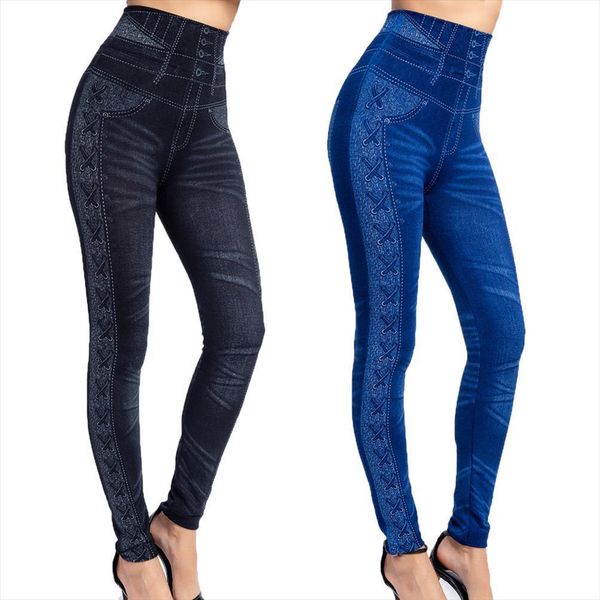 

plus size 3xl high waist women leggings faux denim jean slim elastic seamless skinny pencil pant female workout running, Black