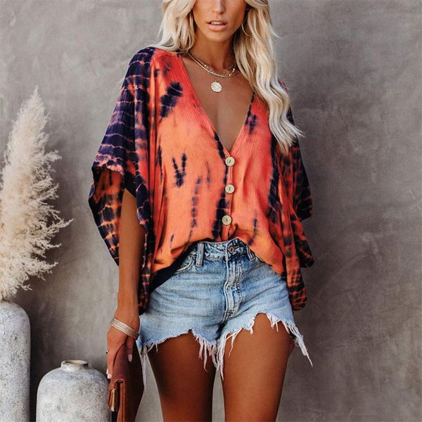 

women boho v neck blouse long sleeve batwing tie dye print buttons shirt spring autumn casual loose female plus size 5xl women's blous, White