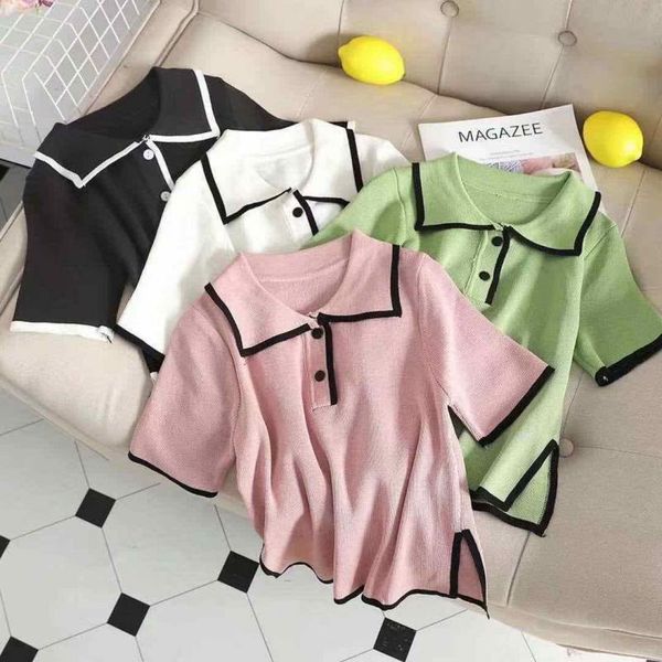 

women's polos short t-shirt 2021 summer slim collar sleeve student top, White