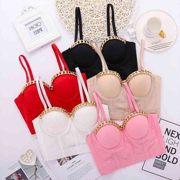 

ins style metal chain design ballroom costume stage party club push up bustier crop corset bralette, White