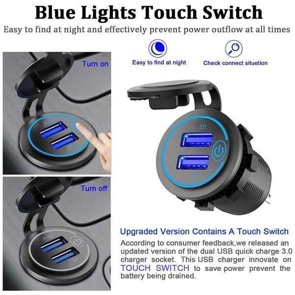 New Touch Switch Car Chargers 36W QC 3.0 Водонепроницаемые универсальные мотоциклевые автомобильные грузовики лодка двойное USB -зарядное устройство для телефона таблеток GPS DVR DVR