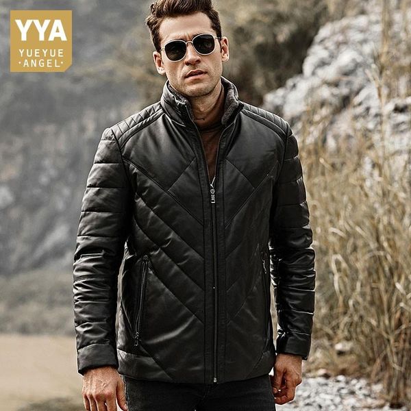 

men's leather & faux genuine down coat men casual zipper sheepskin jacket autumn winter lambswool collar warm outwear plus size, Black