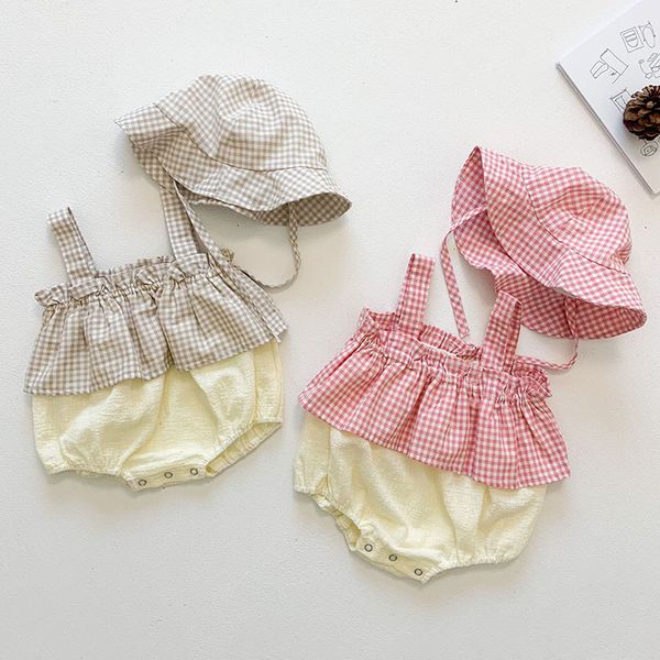 

summer sleeveless grid braces rompers newborn kids infant baby girl clothes jumpsuits, Blue