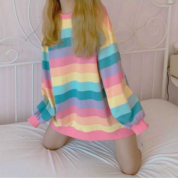 Deeptown Rainbow Kawaii Hoodies Корейская Мода Весна Женские Толстовки Женщины Негабаритный Harajuku Hoodie Длинные Рукава Верхняя Одежда 210928