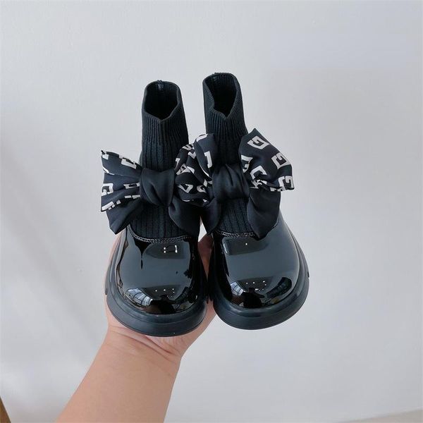 

boots winter 2021 children' shoes little girl sweet bow princess korean fashion patent leather girls fleece socks, Black;grey