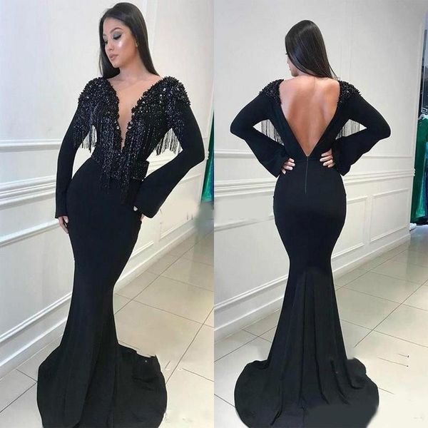 

party dresses arabic black mermaid evening deep v neck backless long sleeve tassel beads formal prom gowns vestidos de noch, White;black