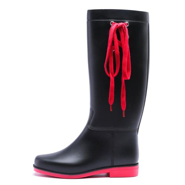 

boots 04-191tongpu flat heel women's tall rain with side lace, Black