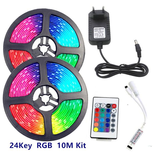 

5m 10m led strip rgb light tape smd 2835 dc12v 60leds/m non-waterproof diode ribbon flexible with ir remote+adapter strips