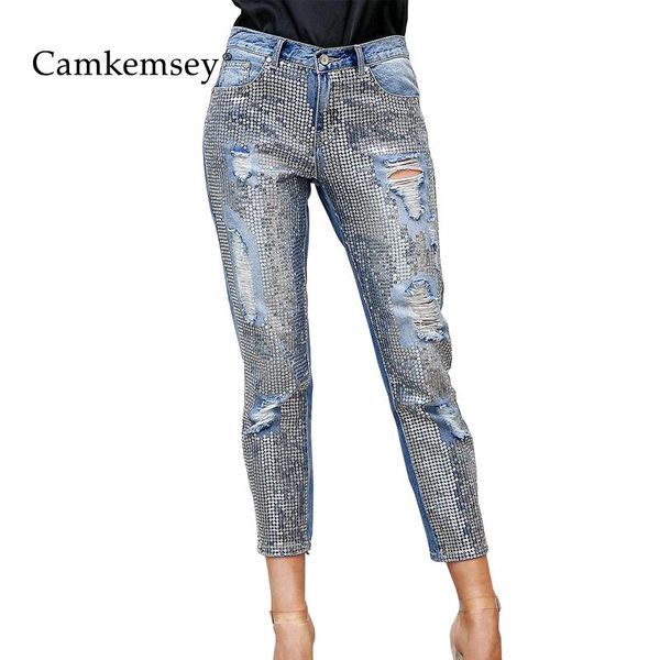 

women's jeans camkemsey 2021 streetwear ripped holes silver sequined boyfriends woman casual high waist ankle-length mom pants, Blue