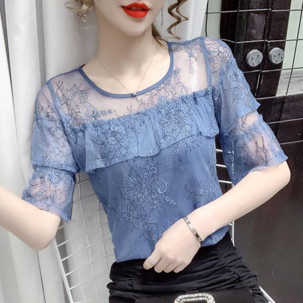 

women's blouses & shirts super fairy lace chiffon shirt women summer round neck mesh ruffled short-sleeved blouse, White