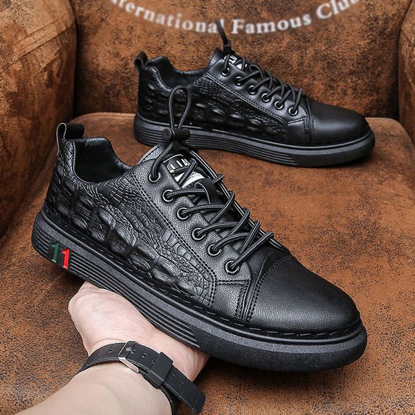 

2021 men leather casual shoes spring autumn new designer crocodile print fashion lace-up flat leisure shoes, Black