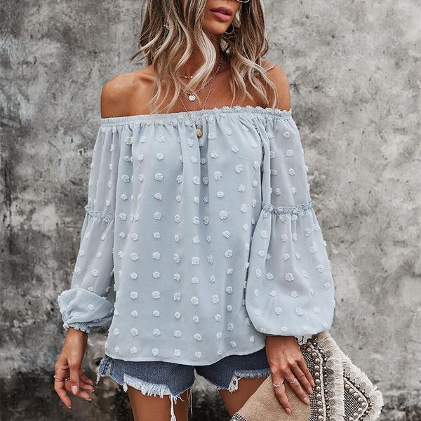 

women's t-shirt summer one-shoulder loose long sleeve 2021 fluffy ball casual lantern patchwork tee drop, White