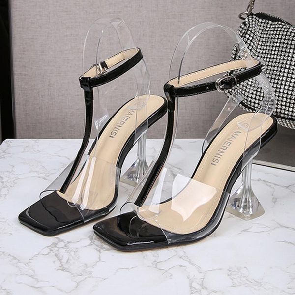 

sandals women shoes 2021 summer high heels transparent pcv buckle female large size 41 42 43 44 45 46, Black