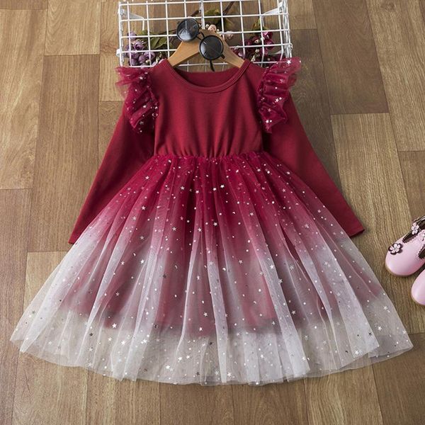 

girl's dresses little girl elegant princess dress kids girls lace ruffles tulle pageant gown birthday party tutu for, Red;yellow