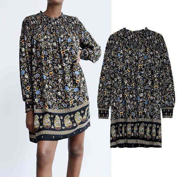 

casual dresses vintage floral print dress o-neck midi long sleeves woman slim waist chic party ethnic style mujer 2n0z, Black;gray