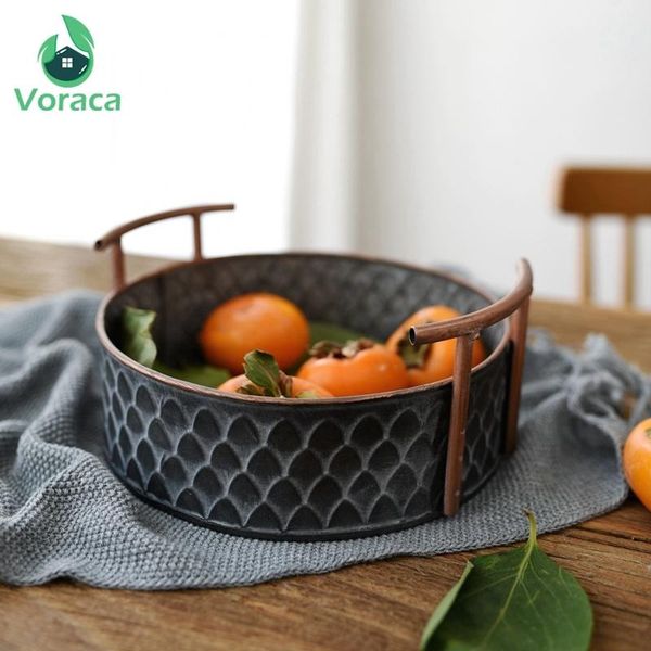 

dishes & plates handcrafted antique retro round iron basket with handle vintage metal fruit bread tray plate home decoration table pographin