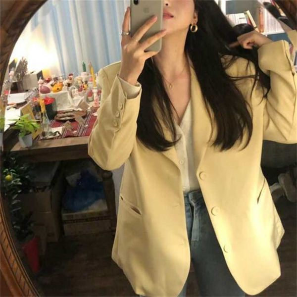 Mulheres Primavera Casual Long Blazers Casacos Casaco Revestido Colarinho Amarelo Chaqueta Mujer Pocket Outerwear Loose Plus Size 211116