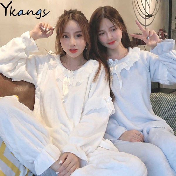 

winter warm flannel women pyjamas sets female fleece thick coral velvet pijamas cute cartoon lace long pajamas girl home suit 210619, Black;red