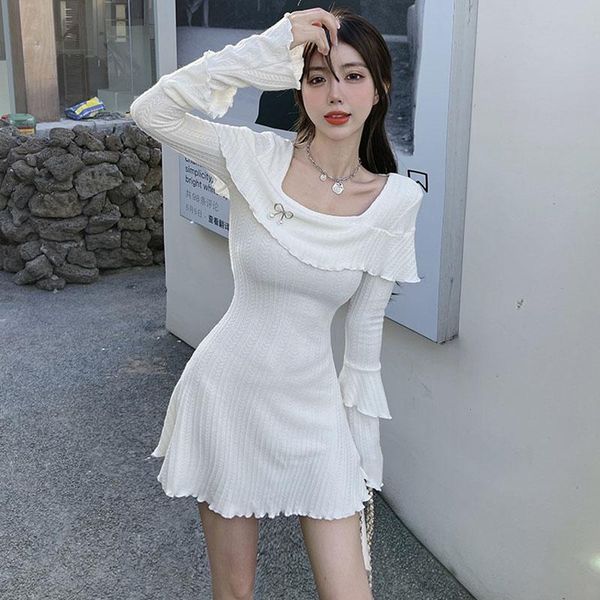 

casual dresses retro women's knitting twist long sleeve dress 2021 autumn female sweet high waist princess skirt midi party y2k, Black;gray