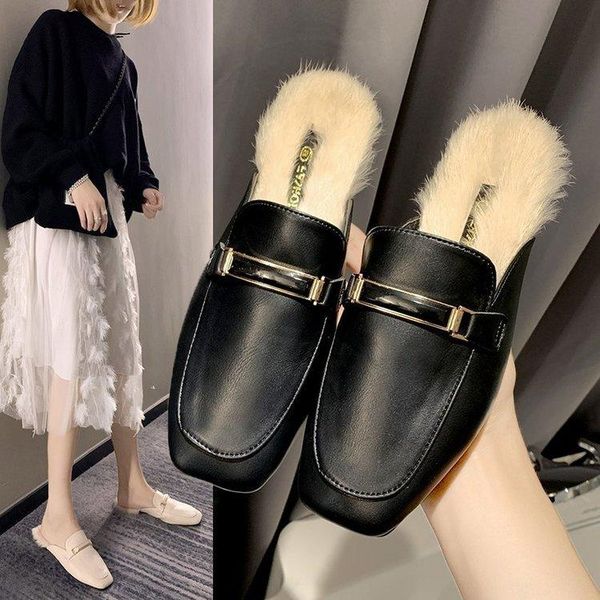 

flat shoes female slippers casual beige heeled sandals loafers rivet lady fur flip flops mules for women 2021 square toe luxury, Black