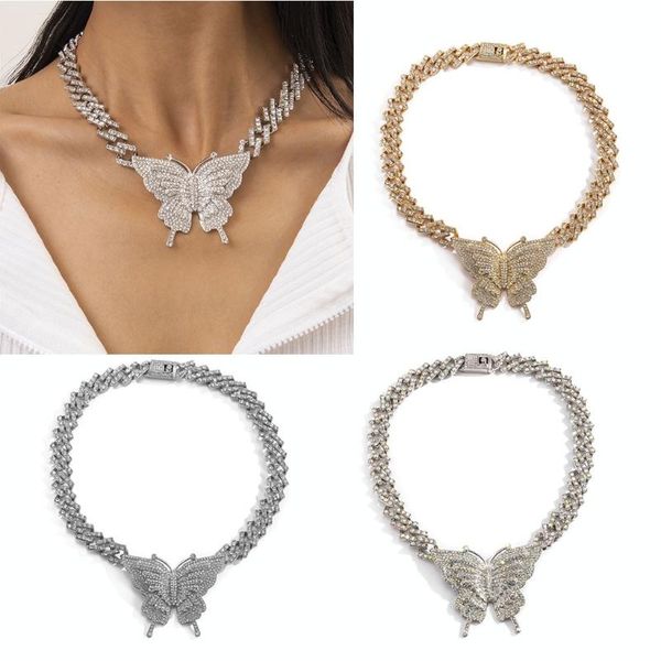 

chains shiny crystal big butterfly necklaces woman chain choker necklace iced out pendant hip hop statement jewelry, Silver