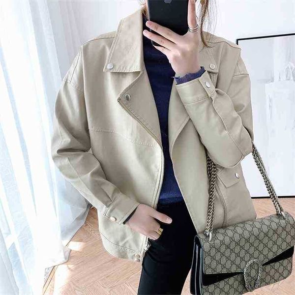 Mulheres Streetwear Jaqueta de Couro Primavera Outono Loose Coreana Faux Casaco Ladies Verde Biker Moto Zipper PVC Outwear 210525