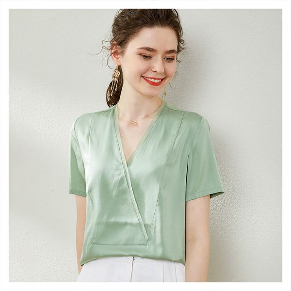 

t shirts v-neck short sleeve pure color silk design sense non-mainstream small shirt 2021 fashion style, White