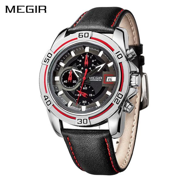 

wristwatches megir men watch leather strap automatic date quartz watches mens luxury fashion brand waterproof sport clock relogio masculino, Slivery;brown