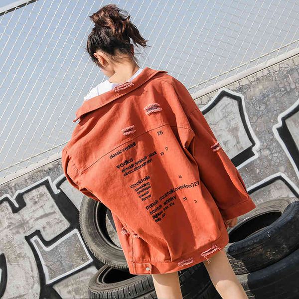 

jacket harajuku hole embroidery denim women student outwear spring oversized loose mid long jeans jacket coat female streetwear, Black;brown