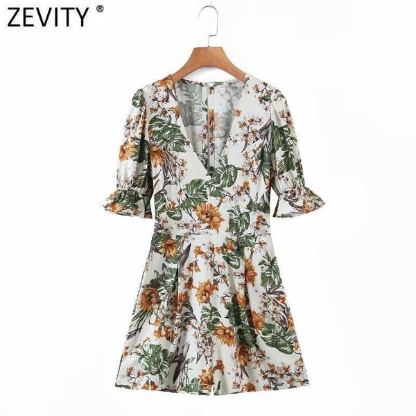 ZEVITY Kadınlar Tropikal Çiçek Baskı Ruffles Playsuits Femme Geri Fermuar Ince Geniş Bacak Şort Siyam Chic Beach Rompers P1017 210603