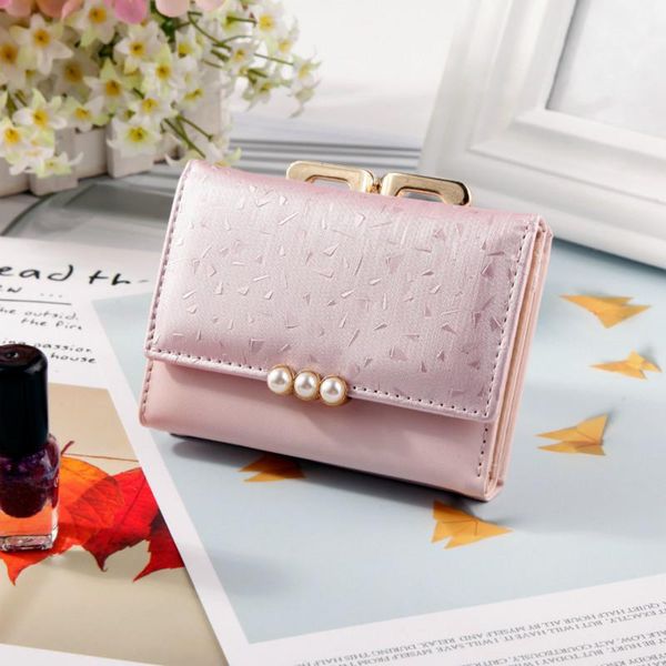 

wallets 2021 ladies short wallet pu fashion tri-fold coin purse trend pearl soft leather designer, Red;black