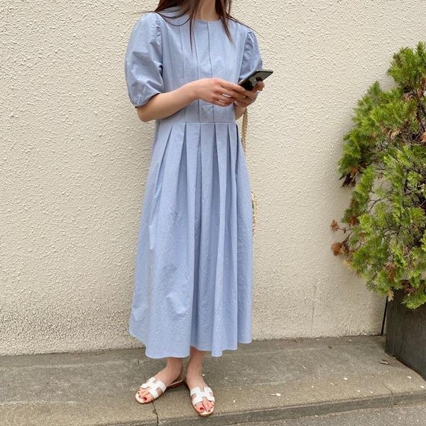 

party dresses women's round neck five-point bubble sleeves with pockets solid color cotton and linen series casual loose long skirt, White;black